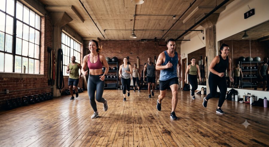 Group jumping together at the end of a dance fitness class